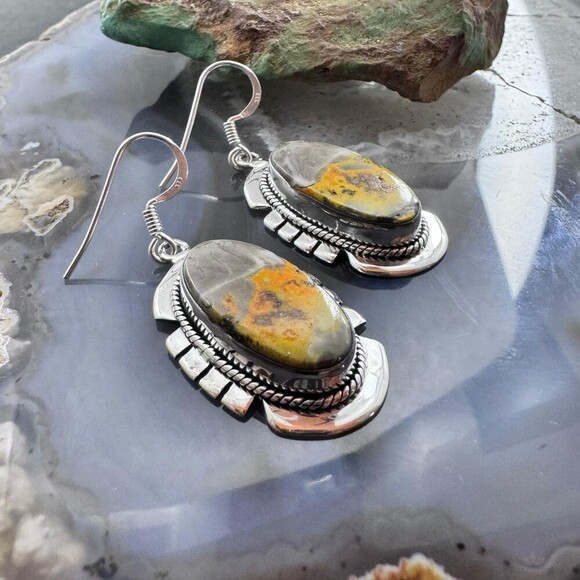 Sterling Silver Southwestern Style Oval Eclipse Jasper Decorated Dangle Earrings - Picture 3 of 10